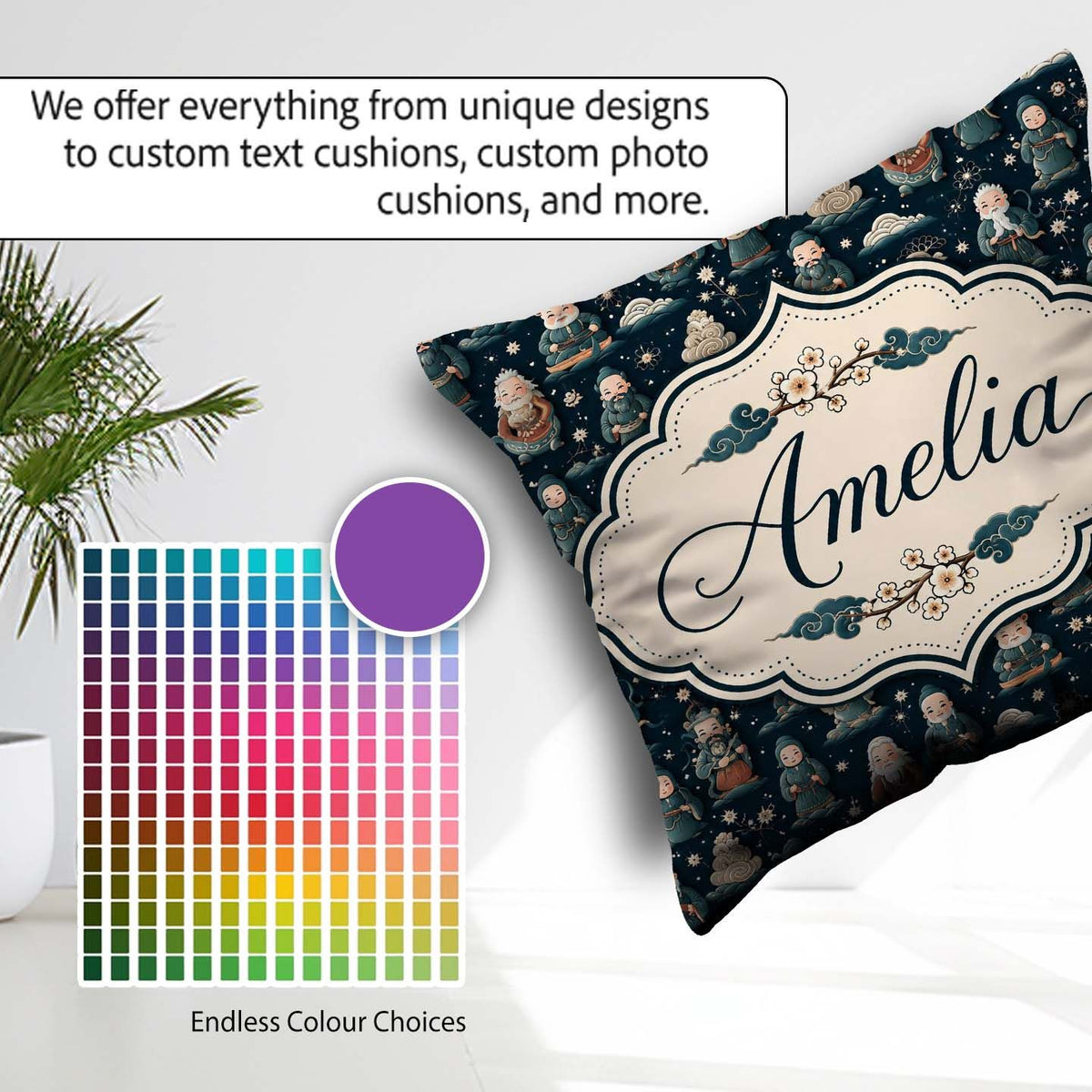 Custom Name Cute Asian Elder Traditional Theme Seamless Pattern Square Filled Cushion Throw Pillow Sofa Bed Home Decor Zip Washable UK Made