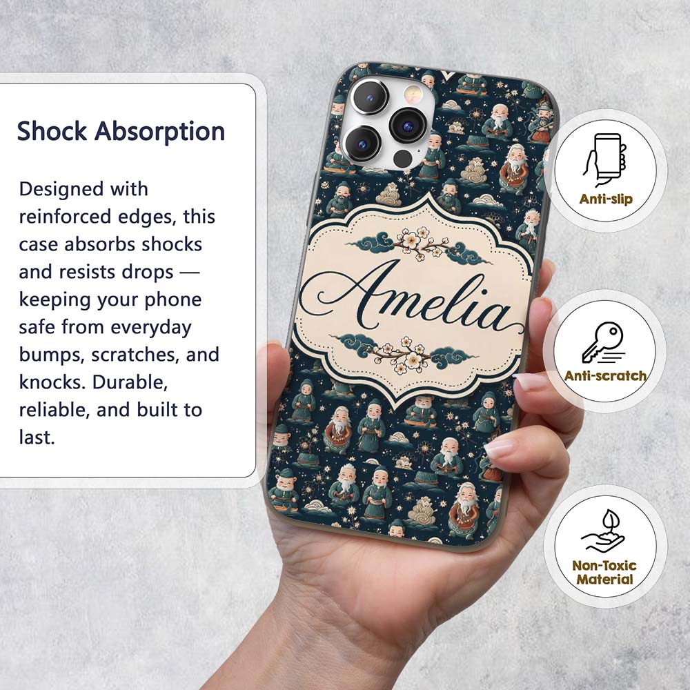 Cute Asian Elder Characters Traditional Theme Custom Name Protective Phone Case Mobile Cover Durable Everyday Smartphone Shock Resistant
