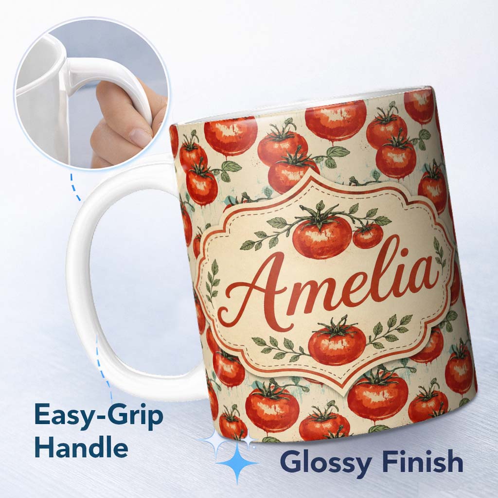 Personalized Custom Name Juicy Red Tomatoes with Vintage Drip Effect on Neutral Background 11oz Ceramic Coffee Tea Mug White Large Handle