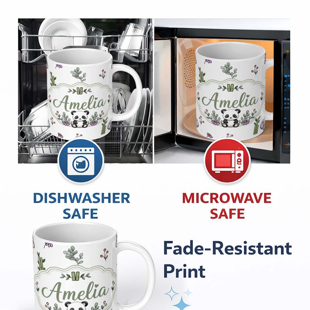 Personalized Custom Name Cute Panda Bamboo and Floral Minimal Seamless Pattern on Clean White 11oz Ceramic Coffee Tea Mug White Large Handle