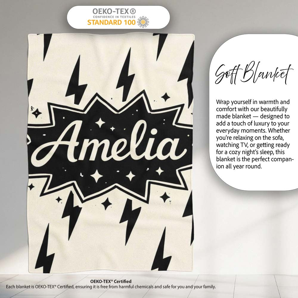 Minimal Lightning Bolt Black Cream Modern Graphic Pattern Lovely Personalised Custom Name Super Soft Fleece Blanket Bed Sofa Throw