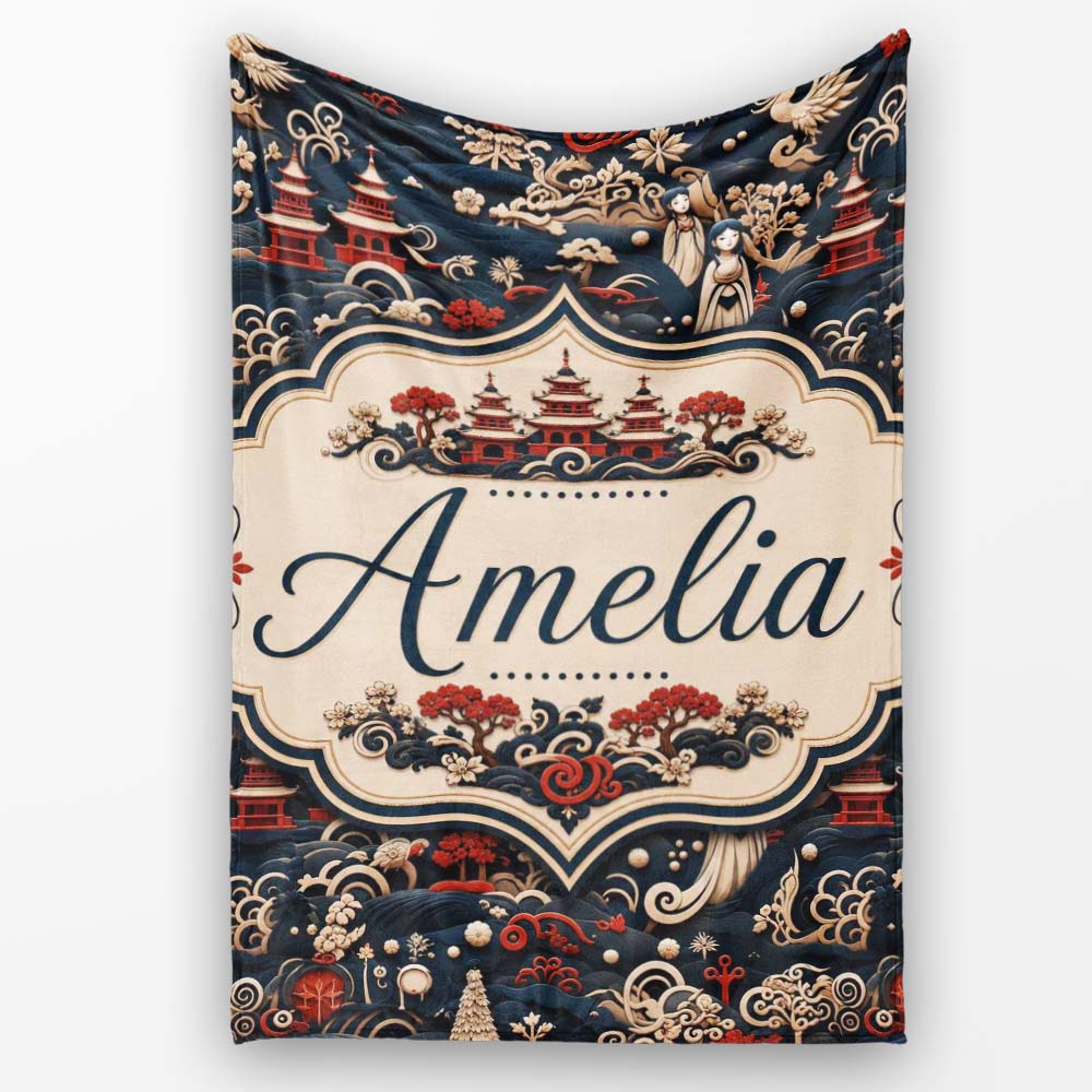 Oriental Crane Birds Pagoda Scenic Detailed Seamless Pattern Lovely Personalised Custom Name Super Soft Fleece Blanket Bed Sofa Throw