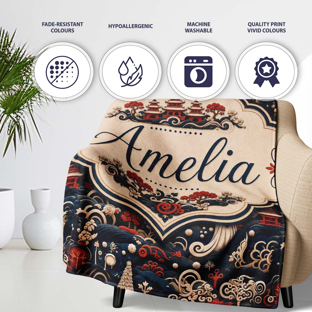 Oriental Crane Birds Pagoda Scenic Detailed Seamless Pattern Lovely Personalised Custom Name Super Soft Fleece Blanket Bed Sofa Throw