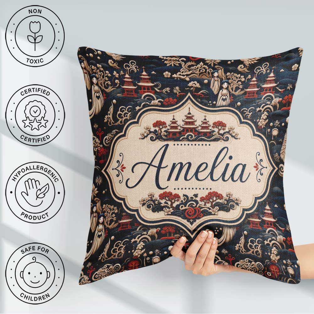 Custom Name Oriental Crane Birds Pagoda Scenic Detailed Seamless Square Filled Cushion Throw Pillow Sofa Bed Home Decor Zip Washable UK Made