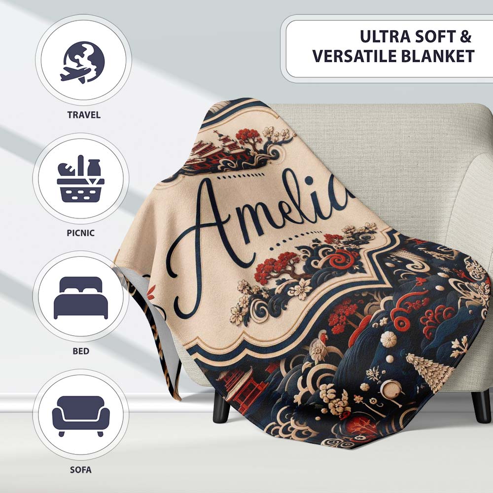 Oriental Crane Birds Pagoda Scenic Detailed Seamless Pattern Lovely Personalised Custom Name Super Soft Fleece Blanket Bed Sofa Throw