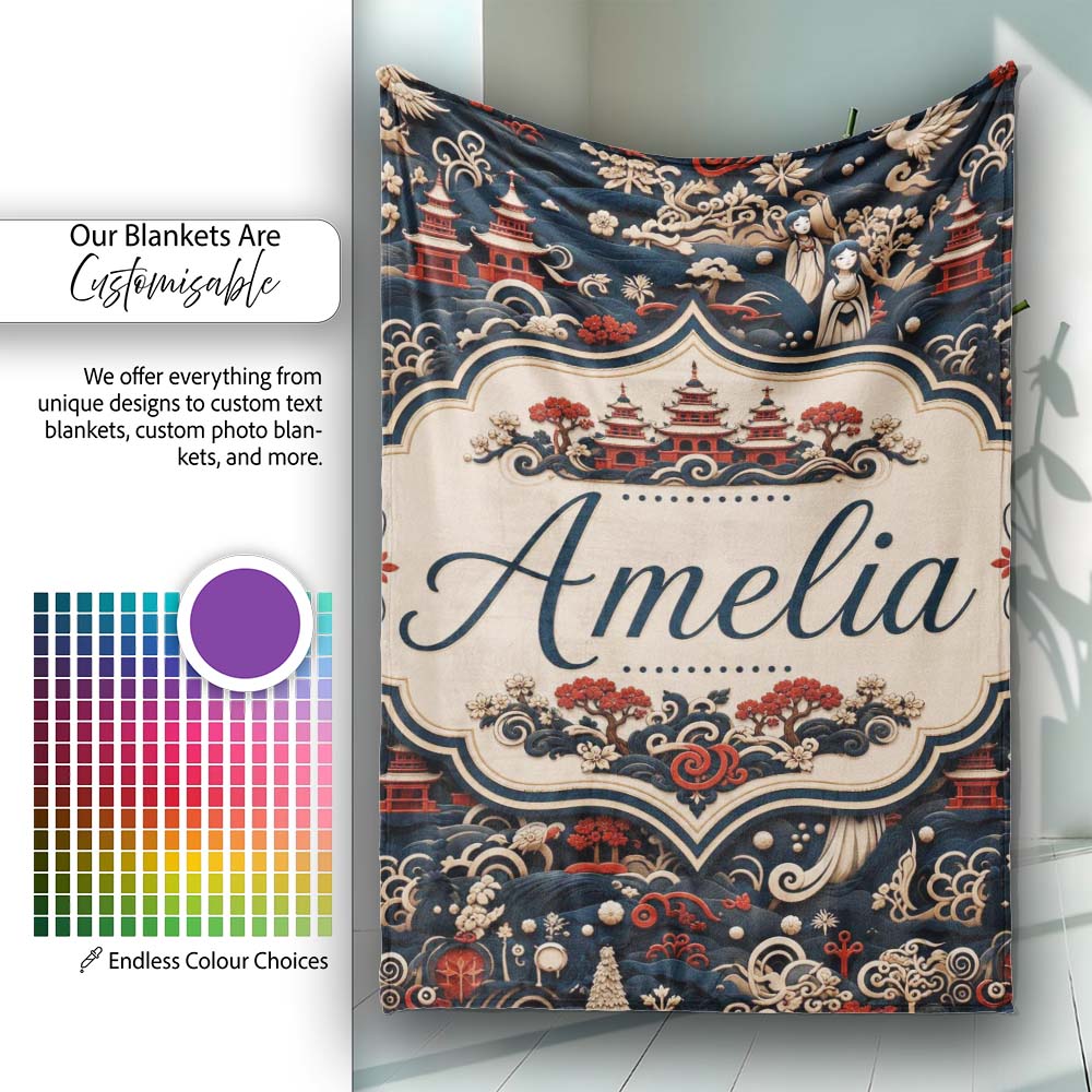 Oriental Crane Birds Pagoda Scenic Detailed Seamless Pattern Lovely Personalised Custom Name Super Soft Fleece Blanket Bed Sofa Throw