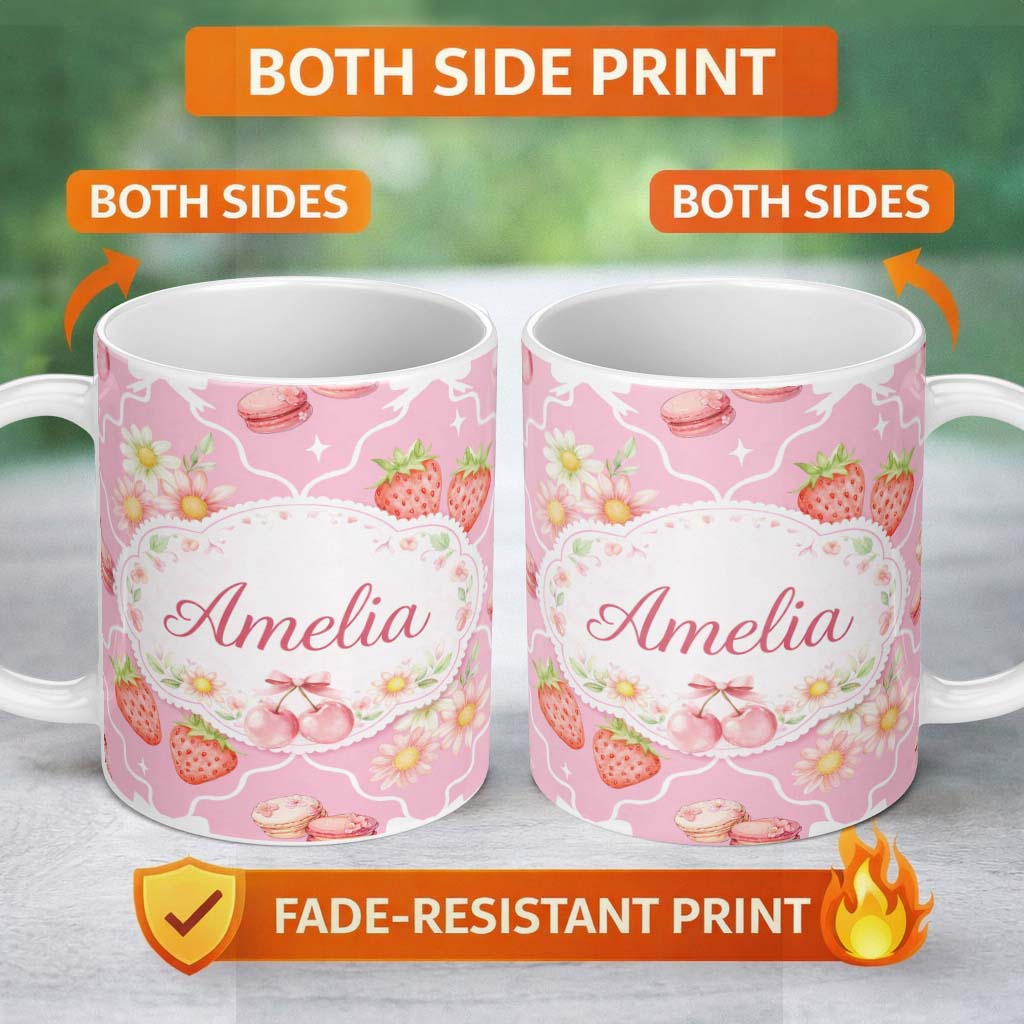 Personalized Custom Name Strawberry Cherry Daisy Seamless Bright Pink Cute Coquette Floral 11oz Ceramic Coffee Tea Mug White Large Handle
