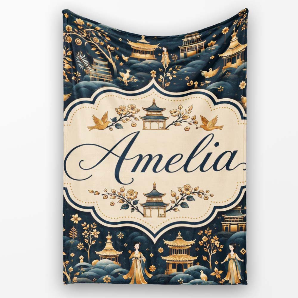 Elegant Asian Garden with Pagodas and Figures Seamless Pattern Personalised Custom Name Super Soft Fleece Blanket Bed Sofa Throw
