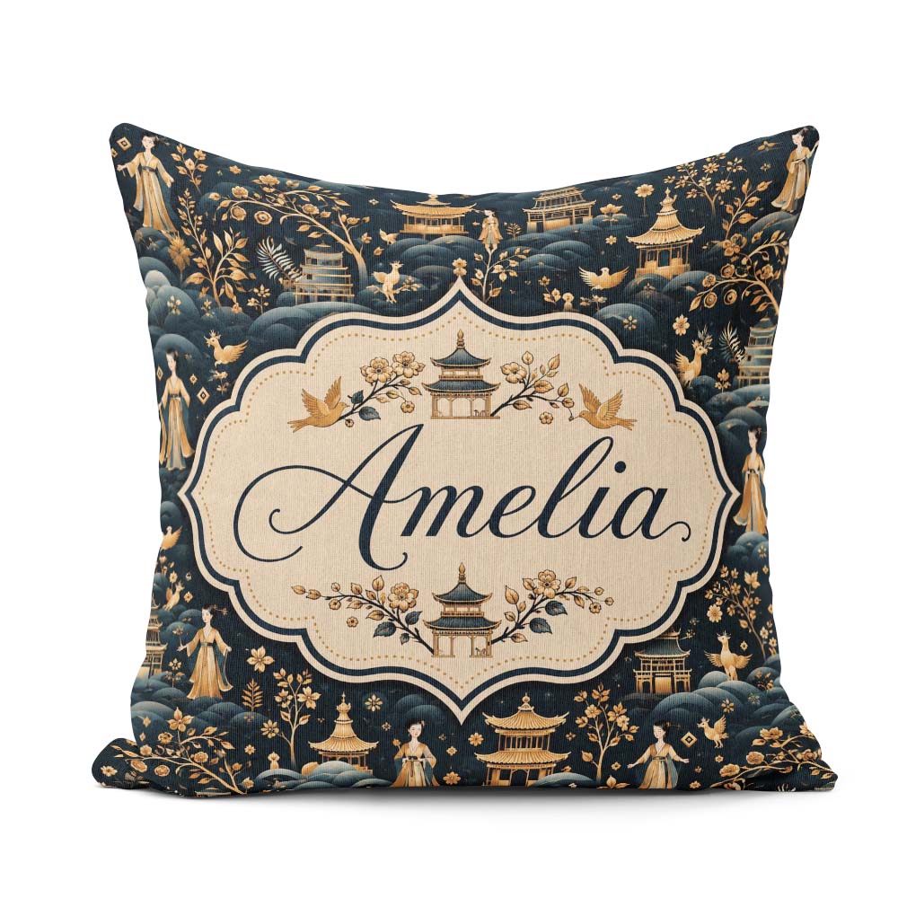 Custom Name Elegant Garden with Pagodas Figures Seamless Pattern Square Filled Cushion Throw Pillow Sofa Bed Home Decor Zip Washable UK Made