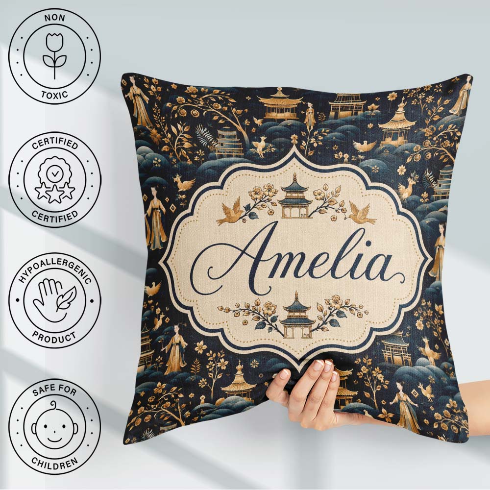 Custom Name Elegant Garden with Pagodas Figures Seamless Pattern Square Filled Cushion Throw Pillow Sofa Bed Home Decor Zip Washable UK Made