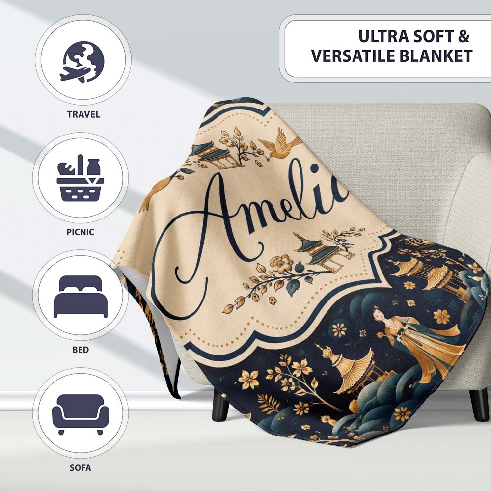 Elegant Asian Garden with Pagodas and Figures Seamless Pattern Personalised Custom Name Super Soft Fleece Blanket Bed Sofa Throw