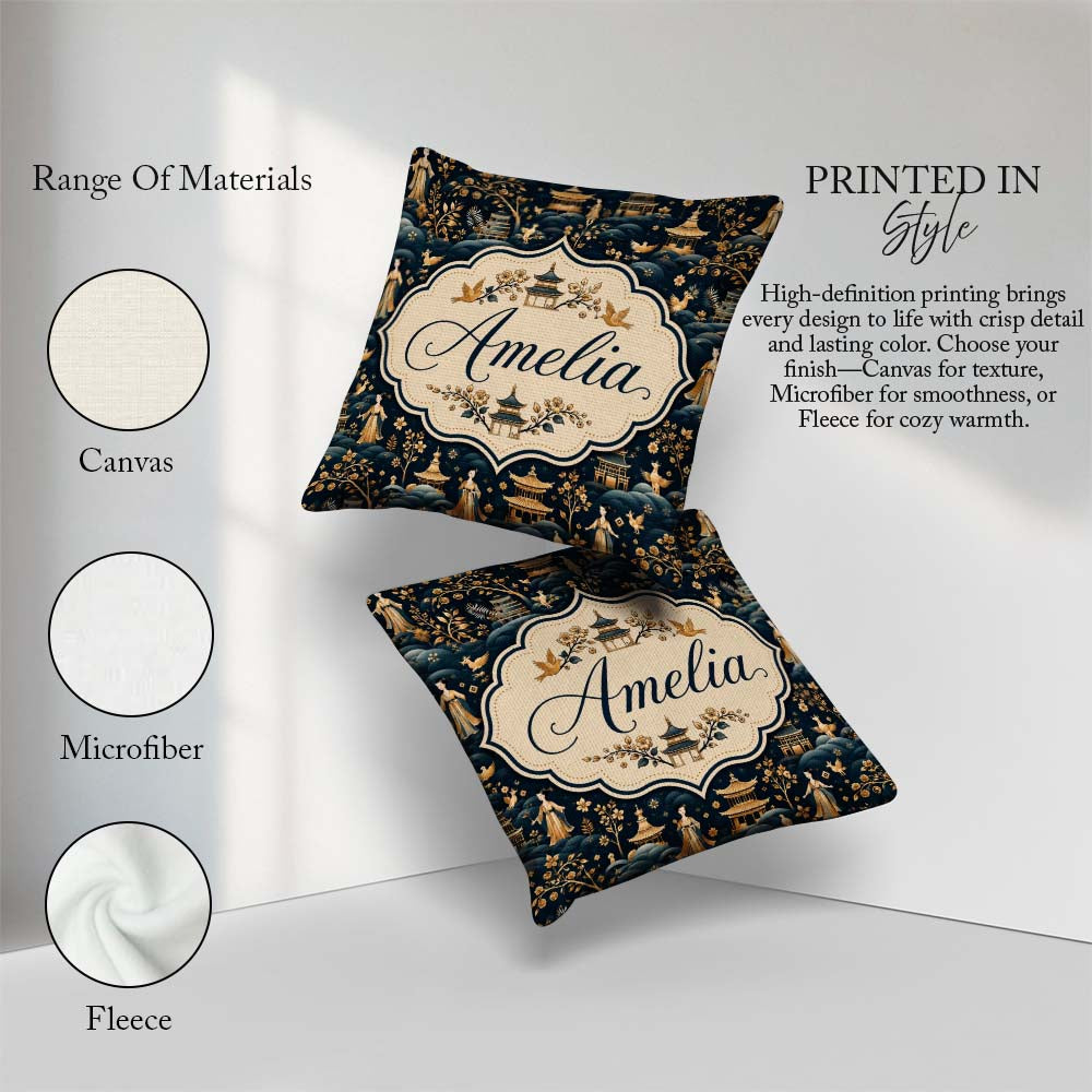 Custom Name Elegant Garden with Pagodas Figures Seamless Pattern Square Filled Cushion Throw Pillow Sofa Bed Home Decor Zip Washable UK Made