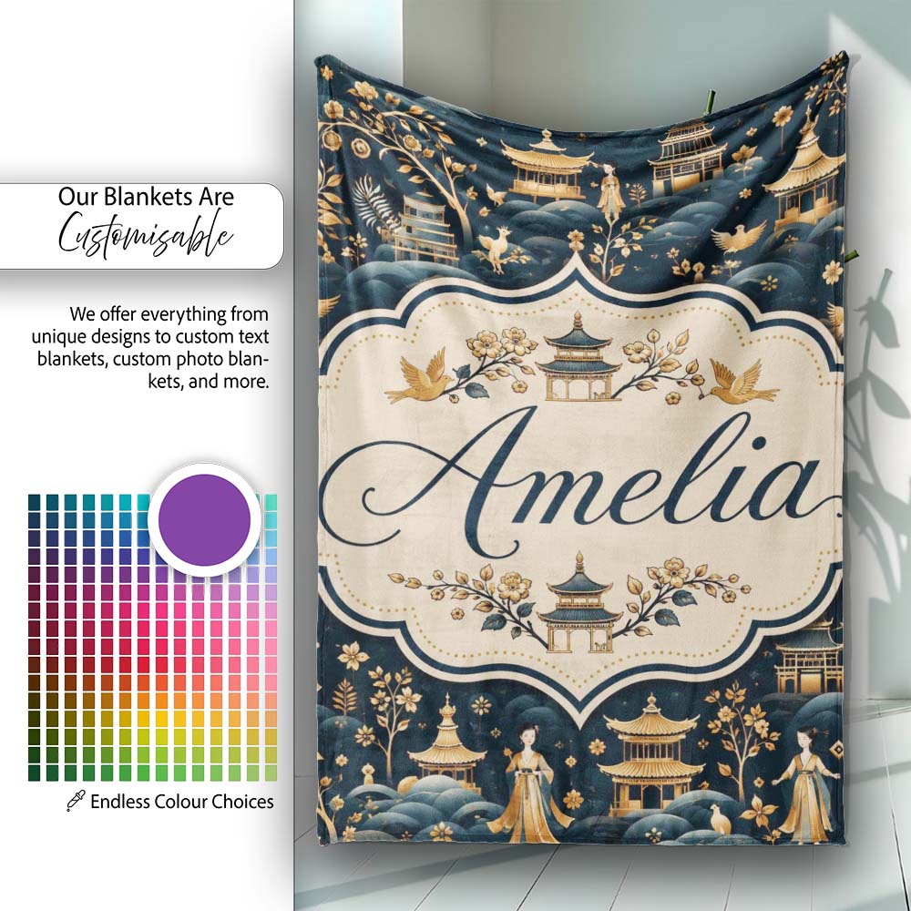 Elegant Asian Garden with Pagodas and Figures Seamless Pattern Personalised Custom Name Super Soft Fleece Blanket Bed Sofa Throw