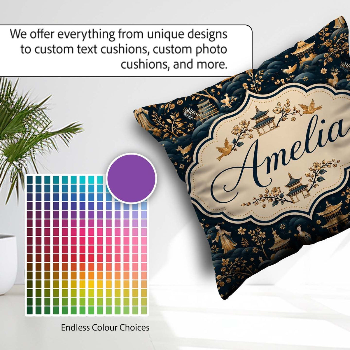Custom Name Elegant Garden with Pagodas Figures Seamless Pattern Square Filled Cushion Throw Pillow Sofa Bed Home Decor Zip Washable UK Made