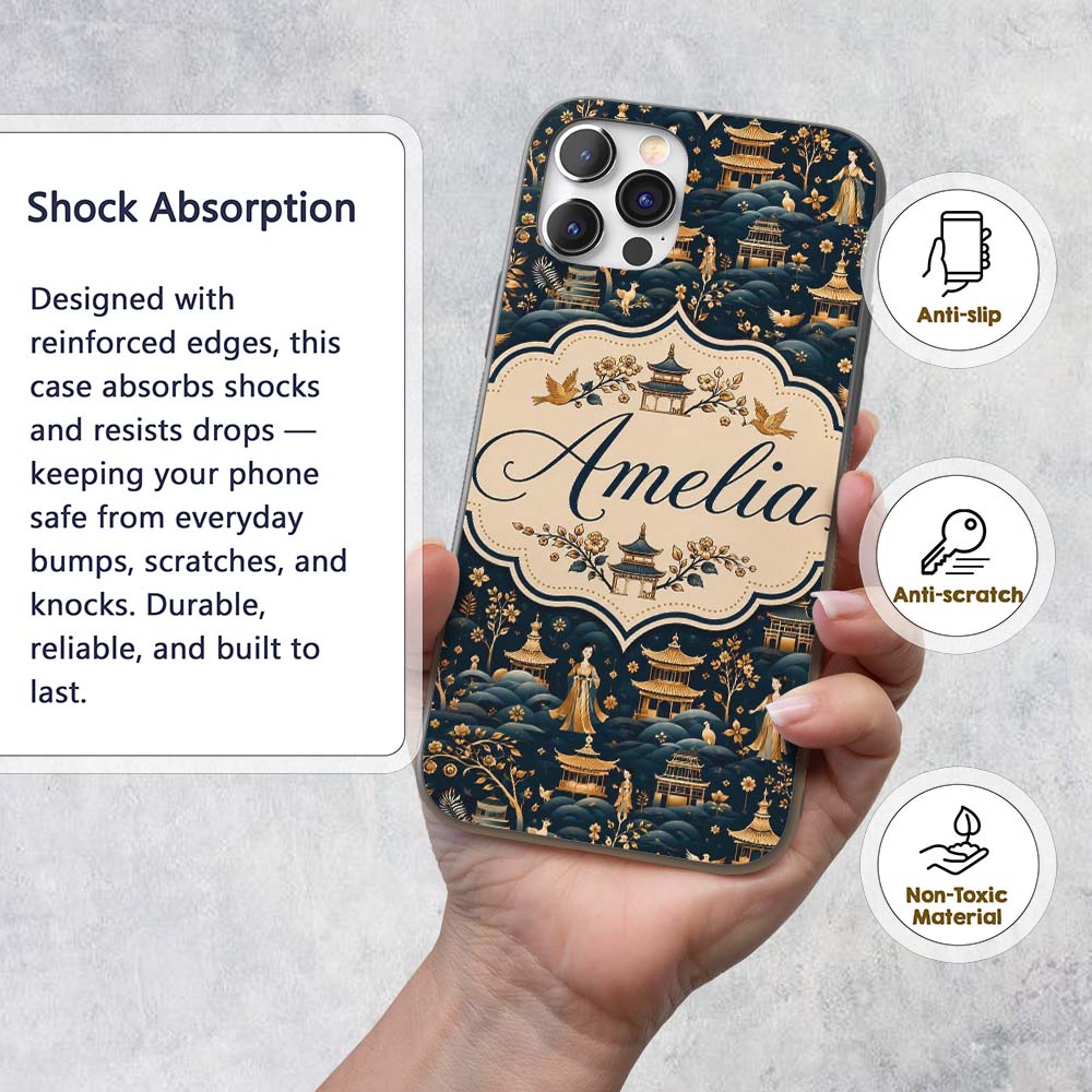 Elegant Asian Garden with Pagodas and Figures Custom Name Protective Phone Case Mobile Cover Durable Everyday Smartphone Shock Resistant