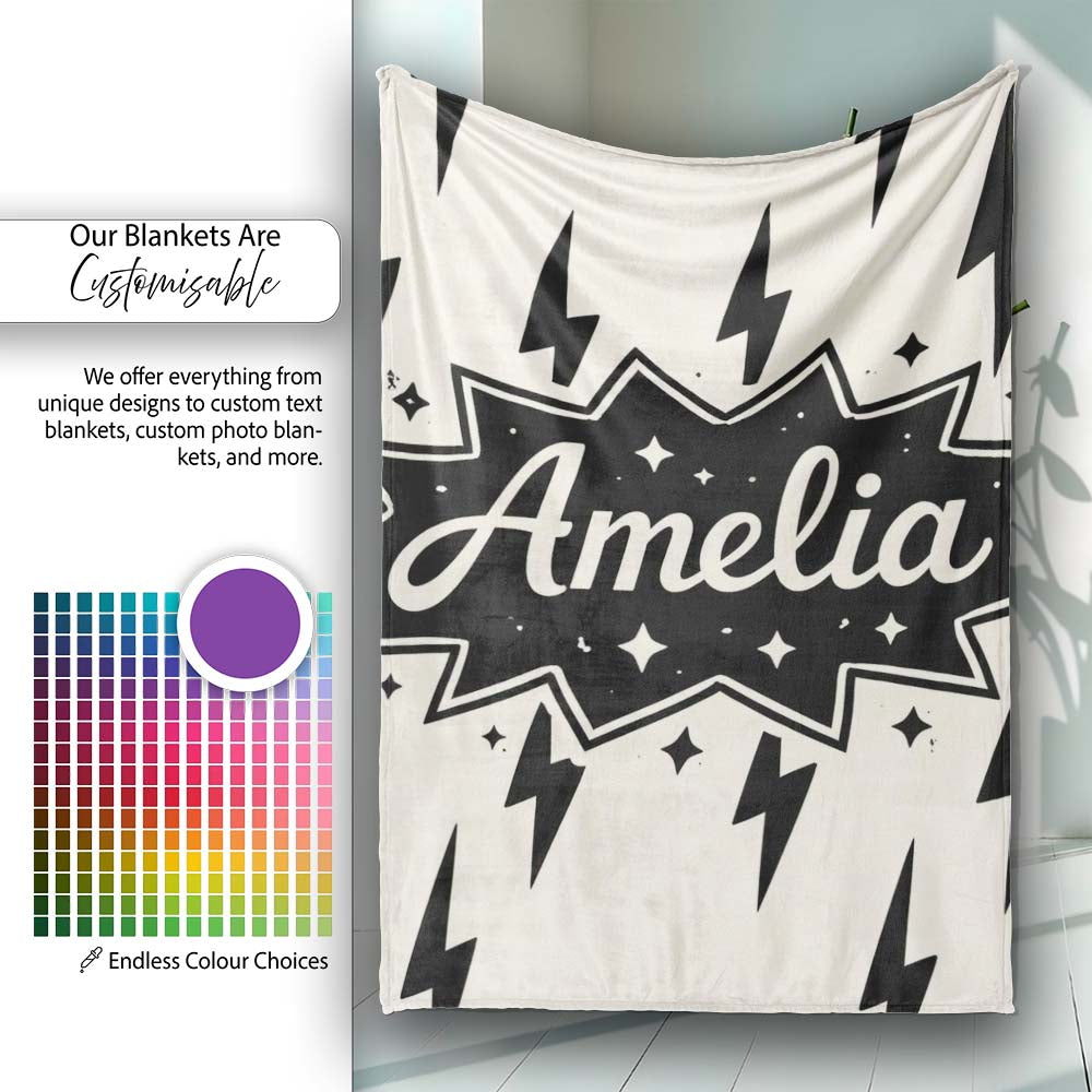 Minimal Lightning Bolt Black Cream Modern Graphic Pattern Lovely Personalised Custom Name Super Soft Fleece Blanket Bed Sofa Throw