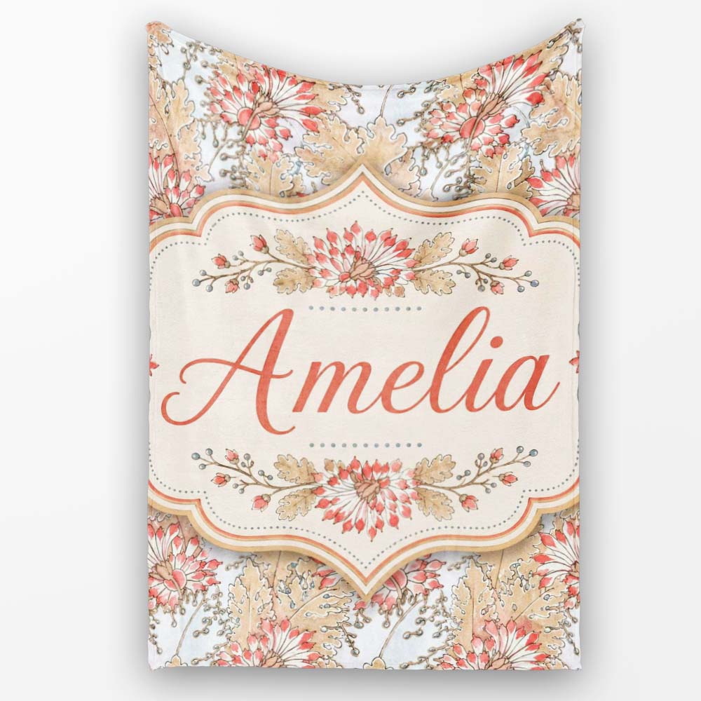 Vintage Botanical Floral Beige Background Classic Seamless Pattern Personalised Custom Name Super Soft Fleece Blanket Bed Sofa Throw