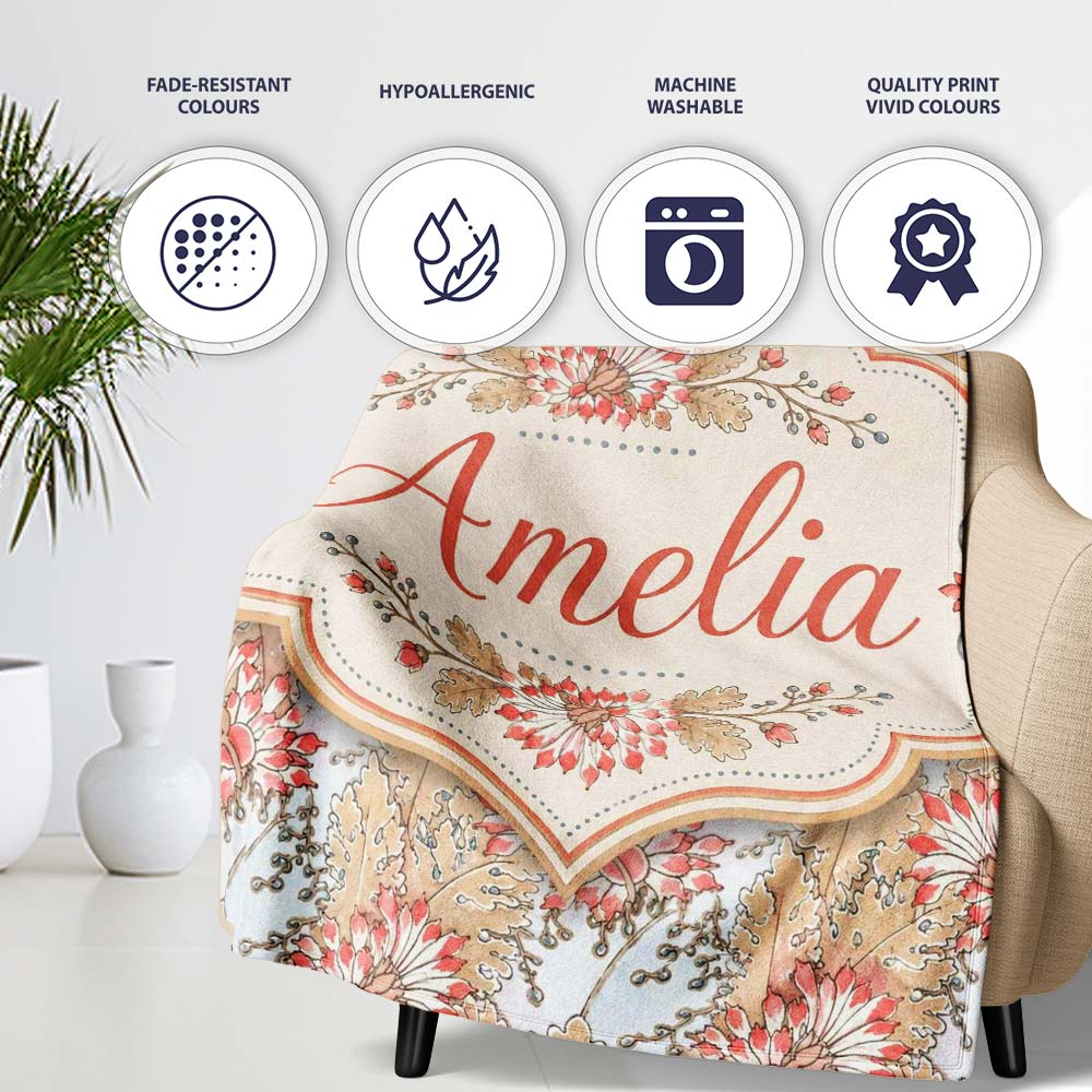 Vintage Botanical Floral Beige Background Classic Seamless Pattern Personalised Custom Name Super Soft Fleece Blanket Bed Sofa Throw