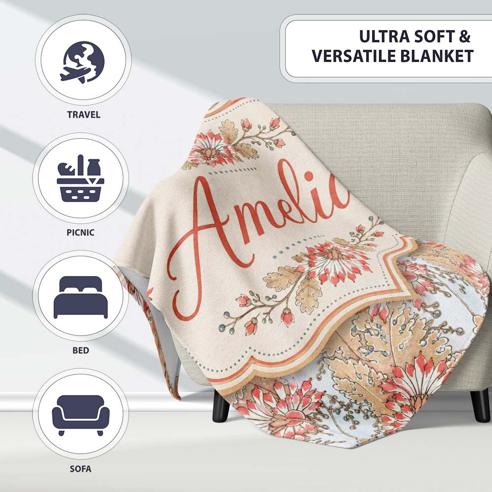 Vintage Botanical Floral Beige Background Classic Seamless Pattern Personalised Custom Name Super Soft Fleece Blanket Bed Sofa Throw