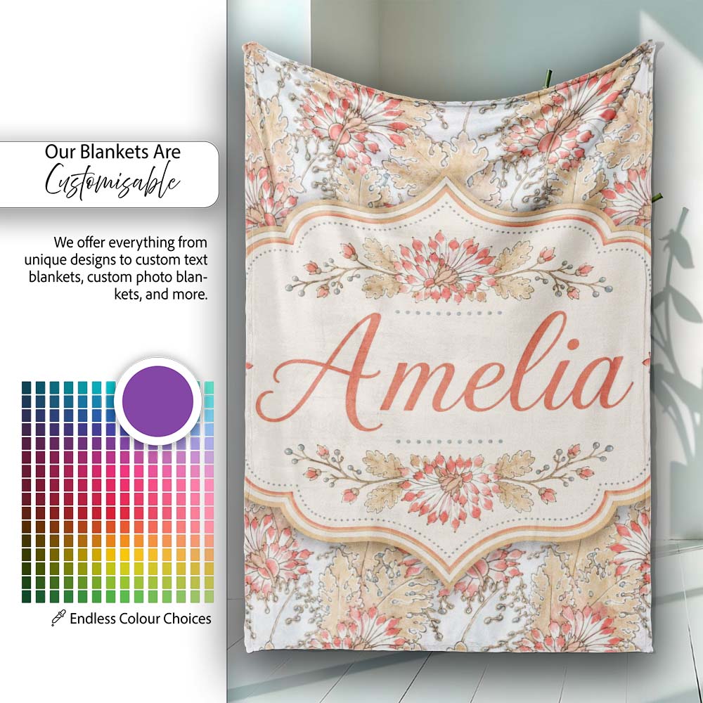 Vintage Botanical Floral Beige Background Classic Seamless Pattern Personalised Custom Name Super Soft Fleece Blanket Bed Sofa Throw