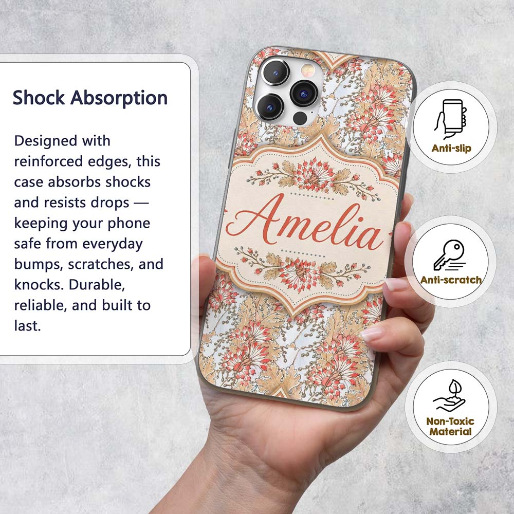 Vintage Botanical Floral Beige Background Classic Custom Name Protective Phone Case Mobile Cover Durable Everyday Smartphone Shock Resistant