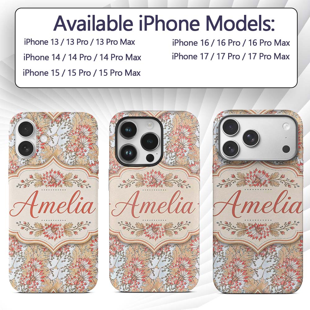 Vintage Botanical Floral Beige Background Classic Custom Name Protective Phone Case Mobile Cover Durable Everyday Smartphone Shock Resistant