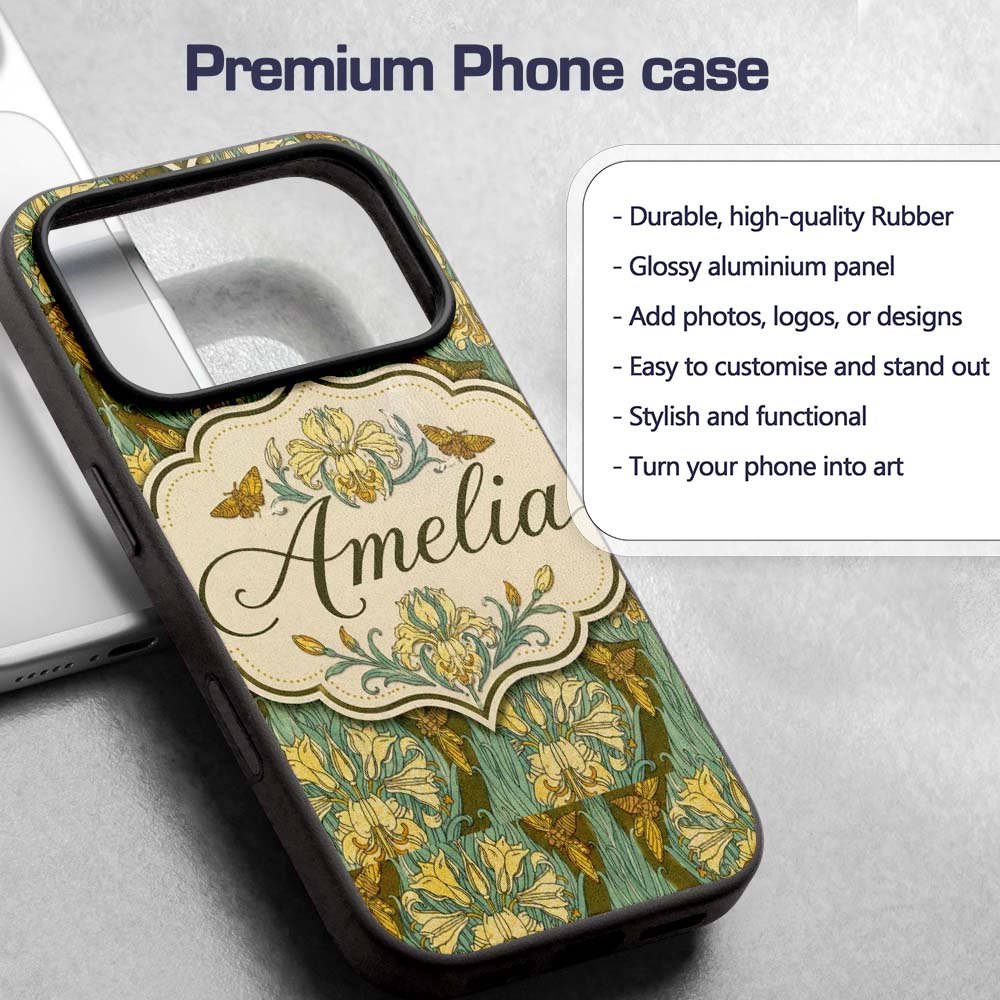 Art Nouveau Lily Flowers with Moths Decorative Custom Name Protective Phone Case Mobile Cover Durable Everyday Smartphone Shock Resistant