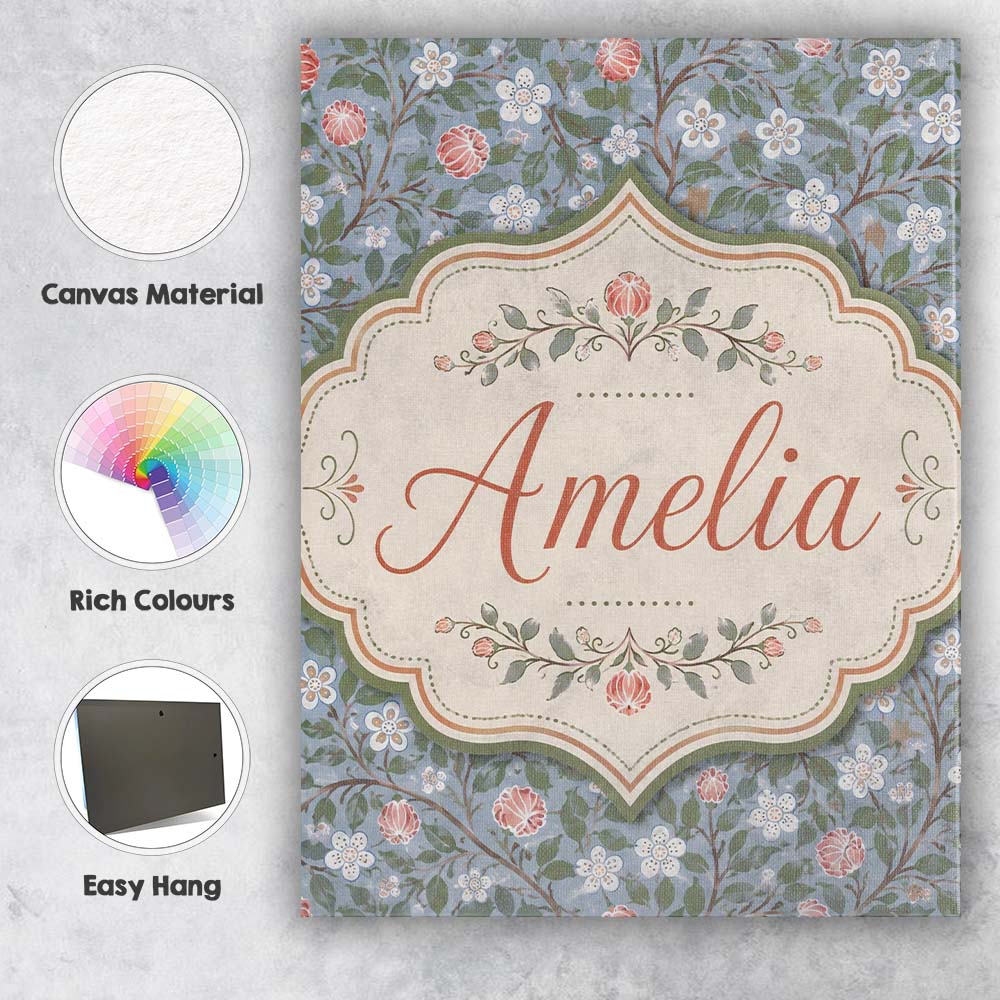 Personalised Name Delicate Small Floral Custom Modern Room Accent Elegant Feature Canvas Wall Art Print Decor Picture Ready to Hang