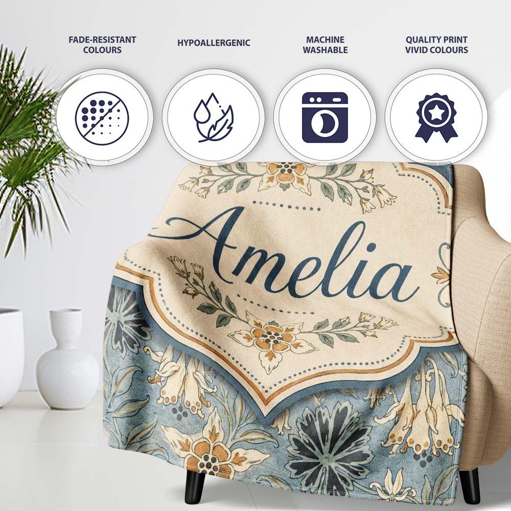 Vintage Floral Blue Background Botanical Leaves Seamless Pattern Personalised Custom Name Super Soft Fleece Blanket Bed Sofa Throw