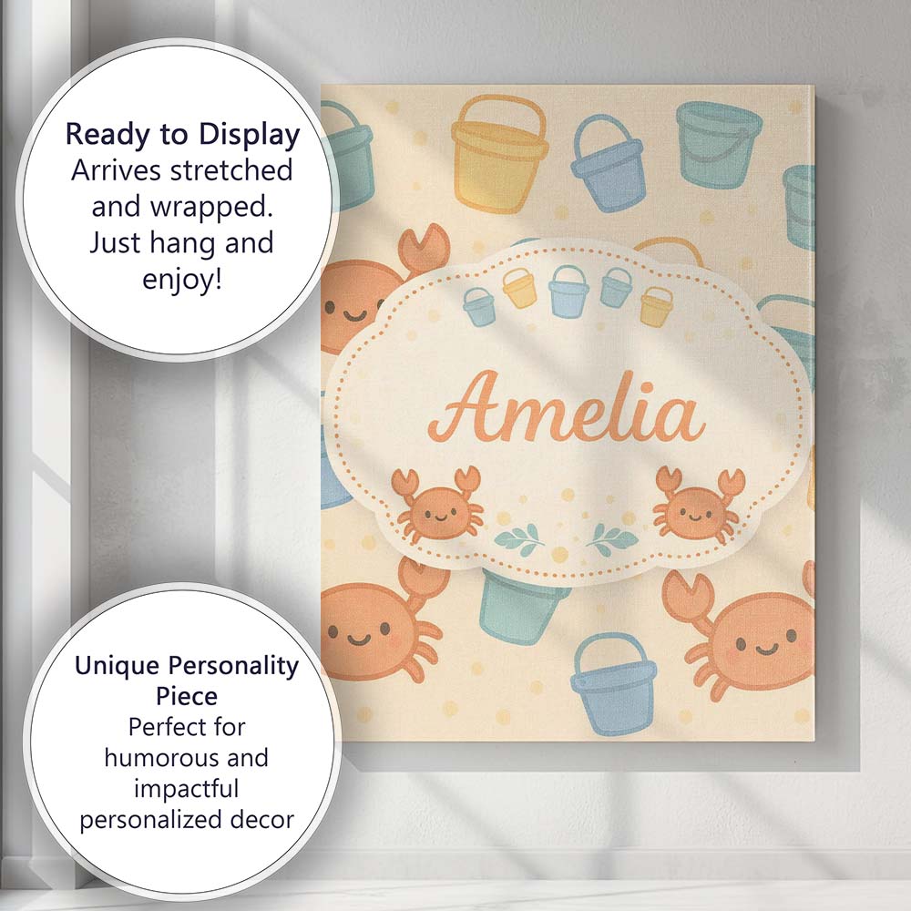 Personalised Name Cute Crab Bucket Beach Cartoon Animal Pattern Custom Statement Canvas Wall Art Print Decor Picture Ready to Hang