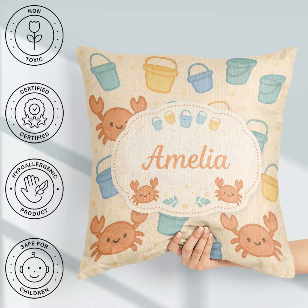 Custom Name Cute Crab Bucket Beach Cartoon Animal Pattern Cute Square Filled Cushion Throw Pillow Sofa Bed Home Decor Zip Washable UK Made