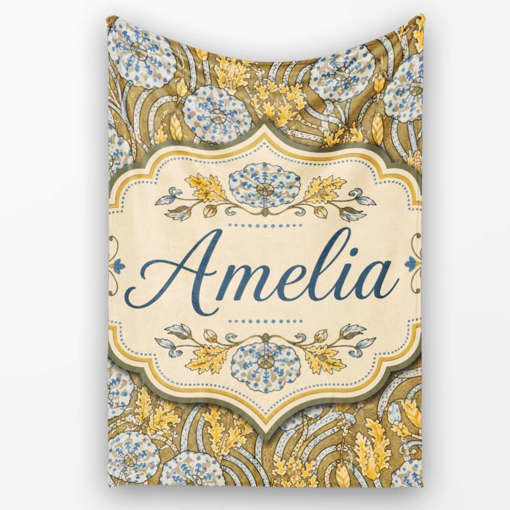 Ornate Vintage Floral Swirl Pattern with Yellow Blue Details Lovely Personalised Custom Name Super Soft Fleece Blanket Bed Sofa Throw