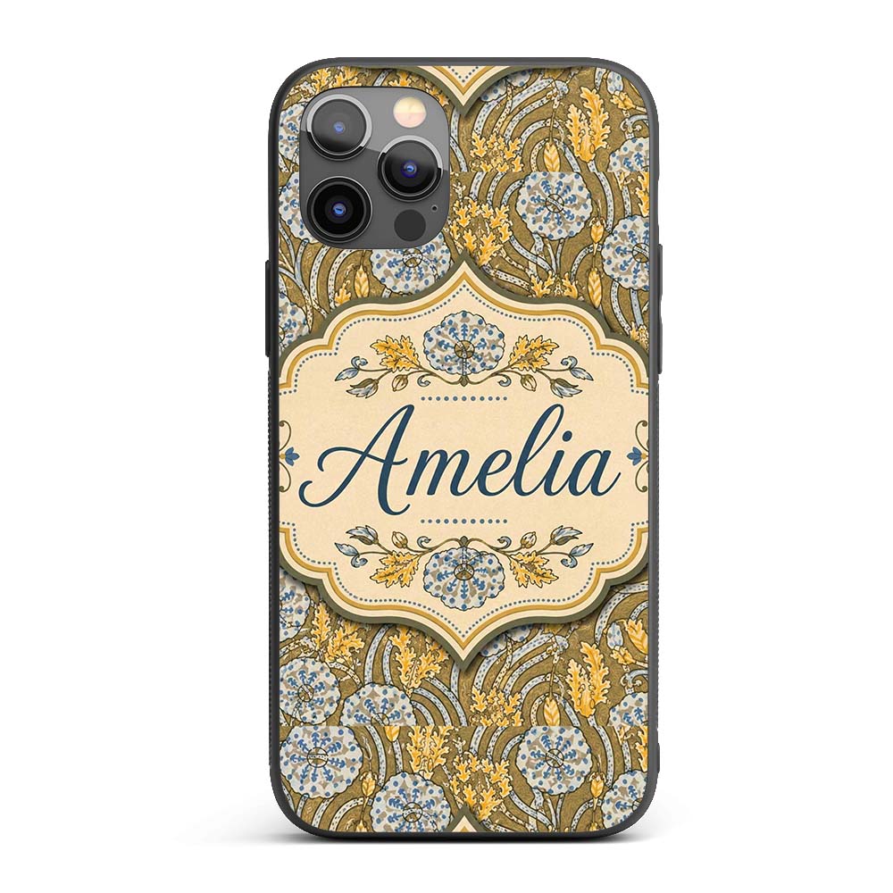 Ornate Vintage Floral Swirl Pattern with Yellow Custom Name Protective Phone Case Mobile Cover Durable Everyday Smartphone Shock Resistant