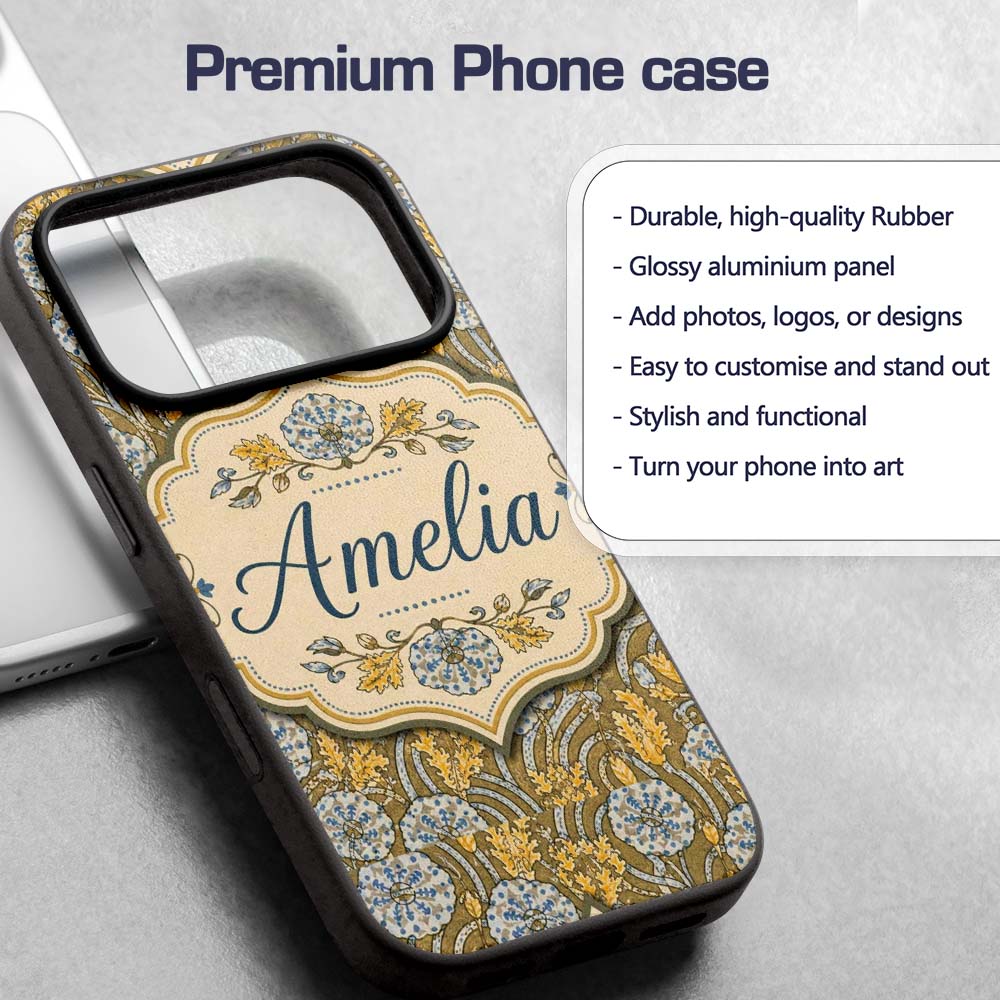 Ornate Vintage Floral Swirl Pattern with Yellow Custom Name Protective Phone Case Mobile Cover Durable Everyday Smartphone Shock Resistant