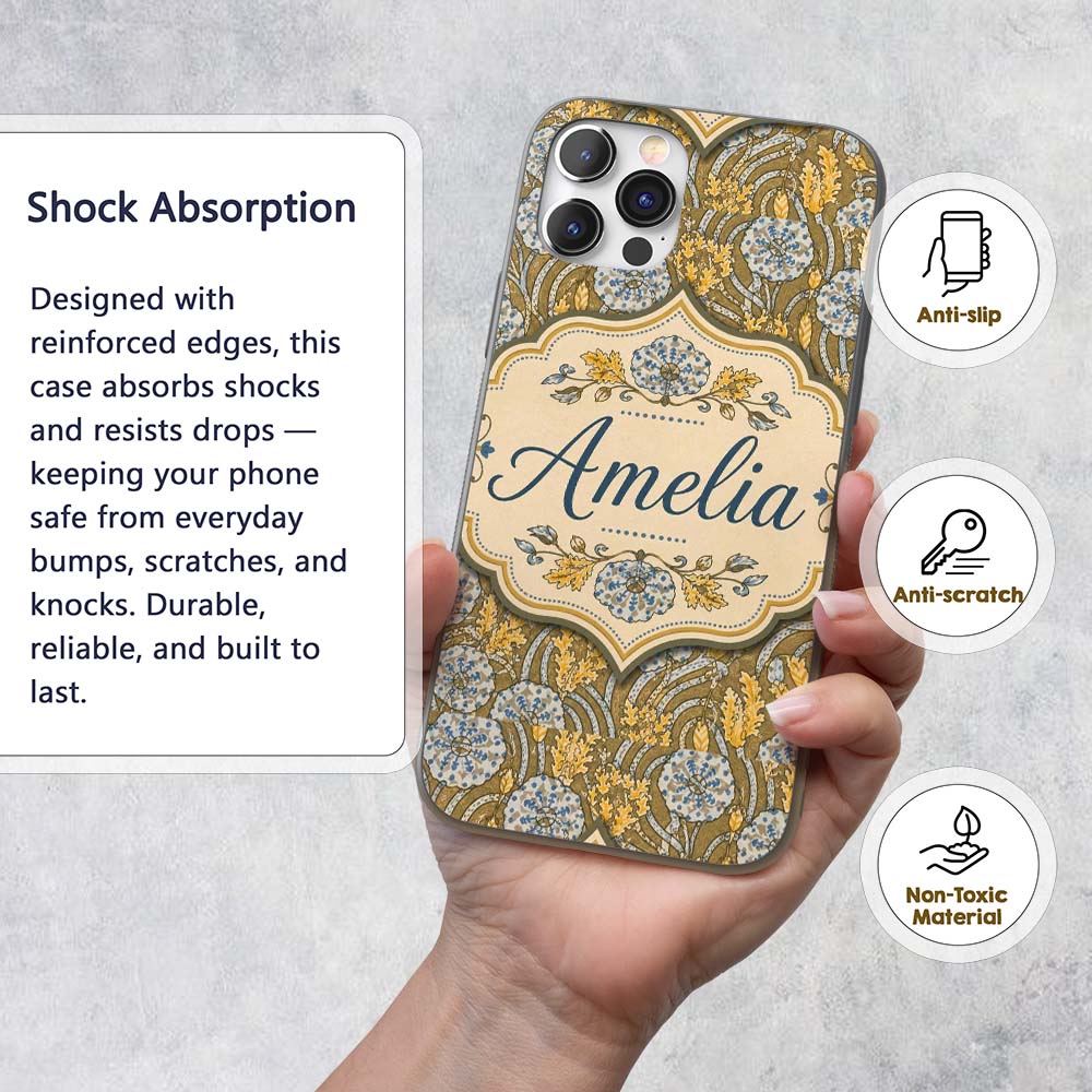 Ornate Vintage Floral Swirl Pattern with Yellow Custom Name Protective Phone Case Mobile Cover Durable Everyday Smartphone Shock Resistant