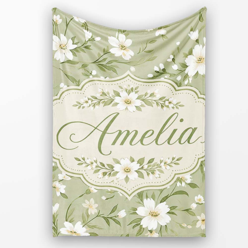 Soft White Floral Branches on Light Green Background Seamless Lovely Personalised Custom Name Super Soft Fleece Blanket Bed Sofa Throw