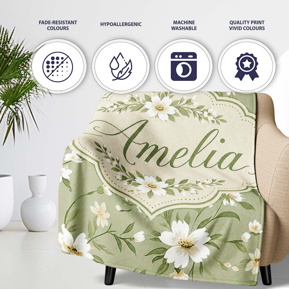 Soft White Floral Branches on Light Green Background Seamless Lovely Personalised Custom Name Super Soft Fleece Blanket Bed Sofa Throw