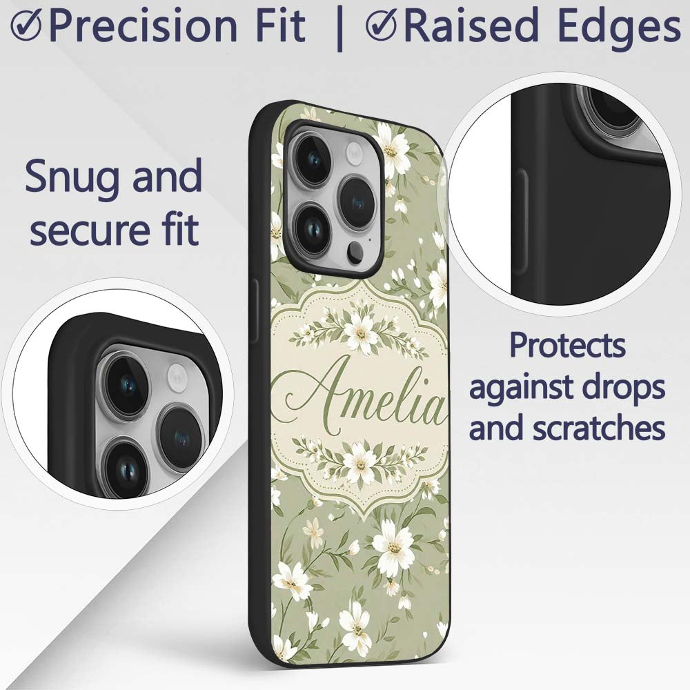 Soft White Floral Branches on Printed Design Custom Name Protective Phone Case Mobile Cover Durable Everyday Smartphone Shock Resistant