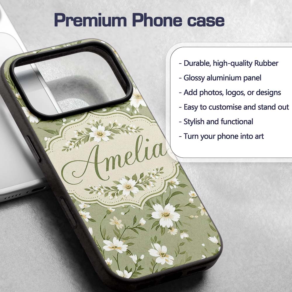 Soft White Floral Branches on Printed Design Custom Name Protective Phone Case Mobile Cover Durable Everyday Smartphone Shock Resistant