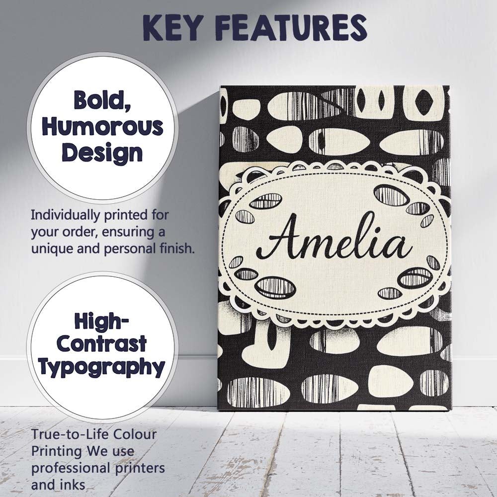 Personalised Name Abstract Oval Pebbles Black Cream Organic Shapes Custom Unique Canvas Wall Art Print Decor Picture Ready to Hang