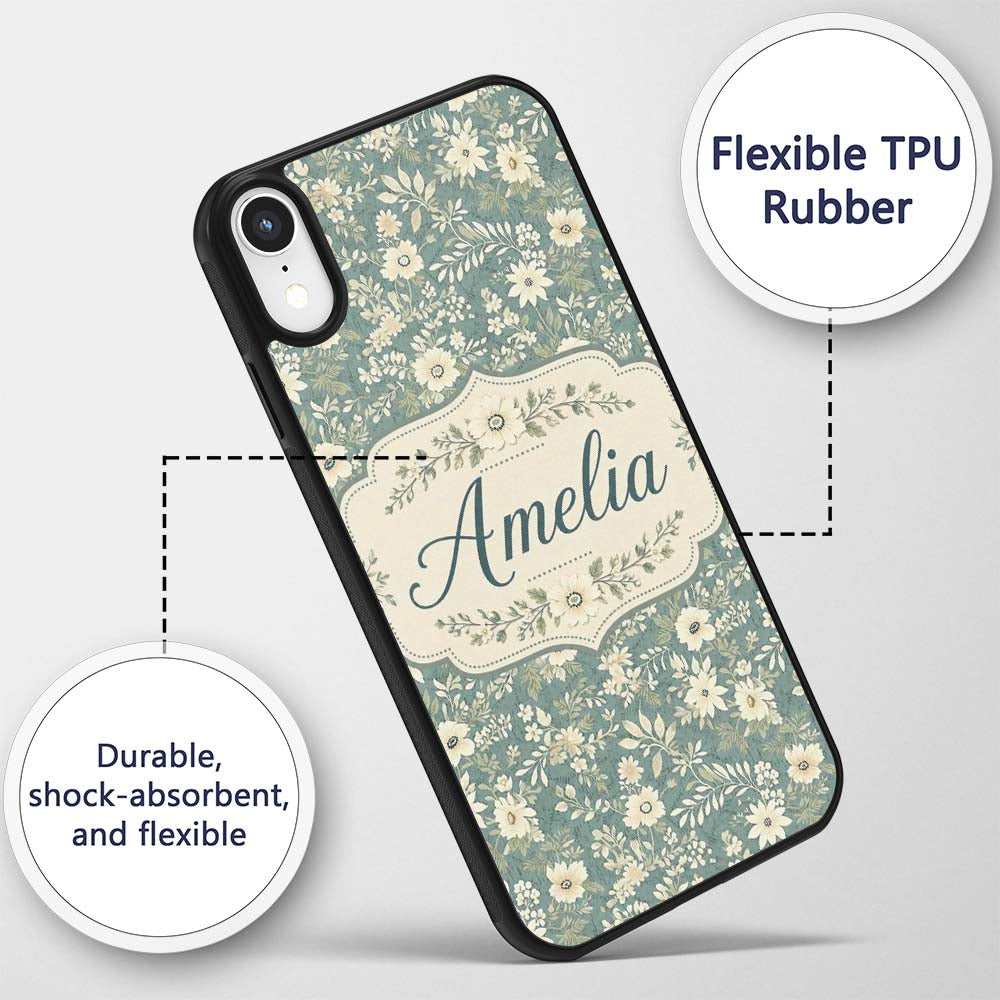 Delicate Cream Floral Garden Pattern on Dusty Custom Name Protective Phone Case Mobile Cover Durable Everyday Smartphone Shock Resistant