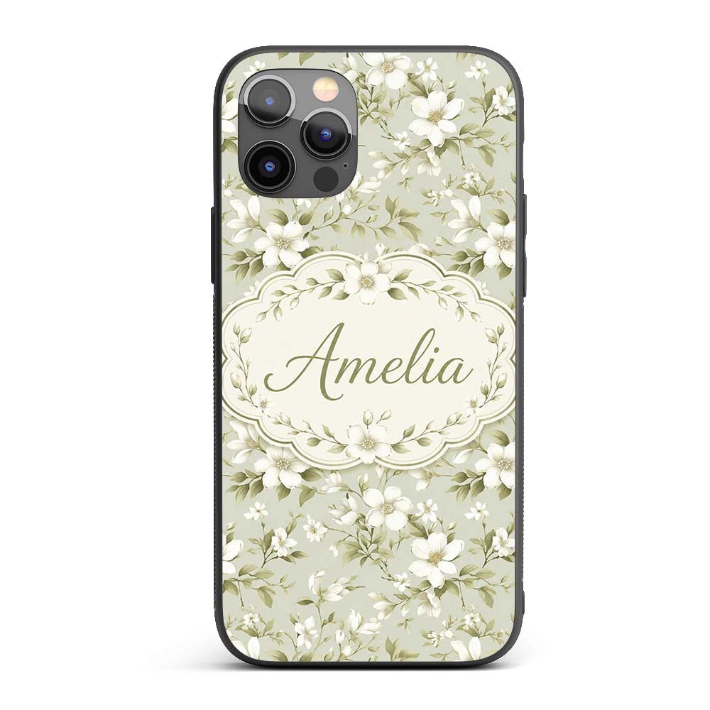 Classic White Flower Botanical Pattern Soft Green Custom Name Protective Phone Case Mobile Cover Durable Everyday Smartphone Shock Resistant
