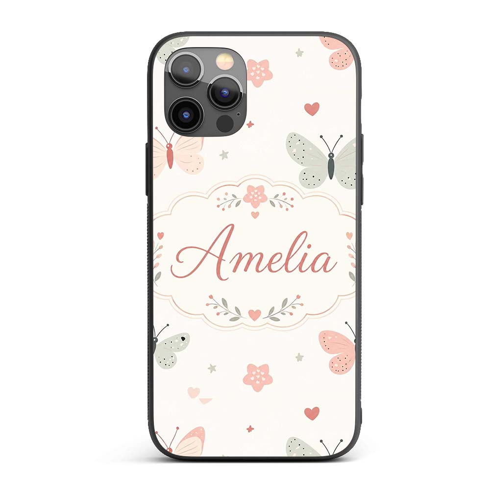 Cute Pastel Butterflies and Hearts Printed Design Custom Name Protective Phone Case Mobile Cover Durable Everyday Smartphone Shock Resistant