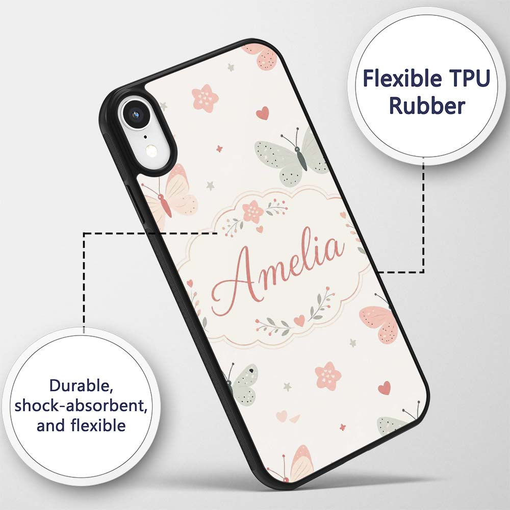 Cute Pastel Butterflies and Hearts Printed Design Custom Name Protective Phone Case Mobile Cover Durable Everyday Smartphone Shock Resistant