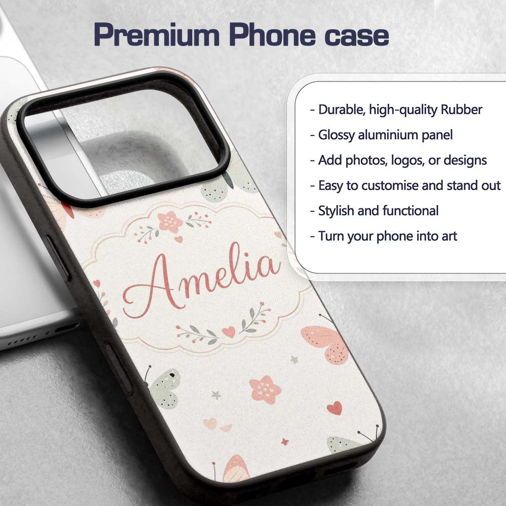 Cute Pastel Butterflies and Hearts Printed Design Custom Name Protective Phone Case Mobile Cover Durable Everyday Smartphone Shock Resistant