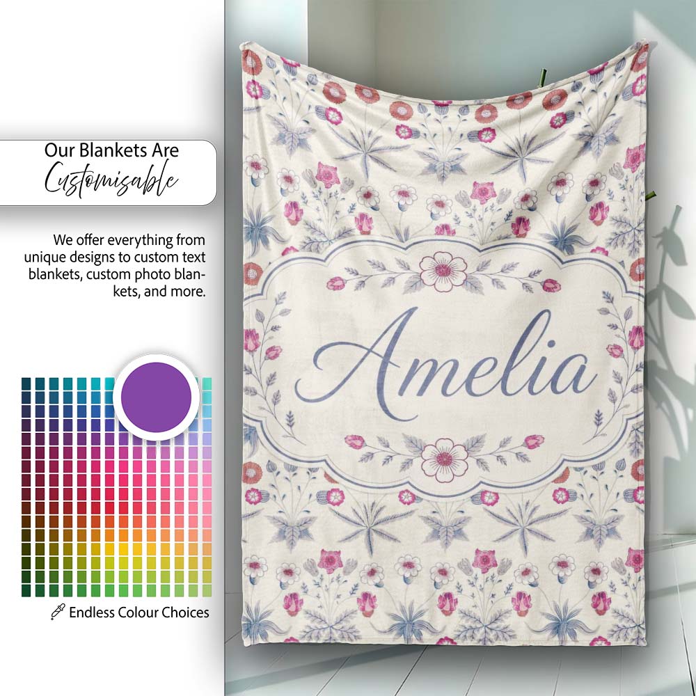 Vintage Meadow Floral with Pink Blooms and Blue Leaves Seamless Personalised Custom Name Super Soft Fleece Blanket Bed Sofa Throw