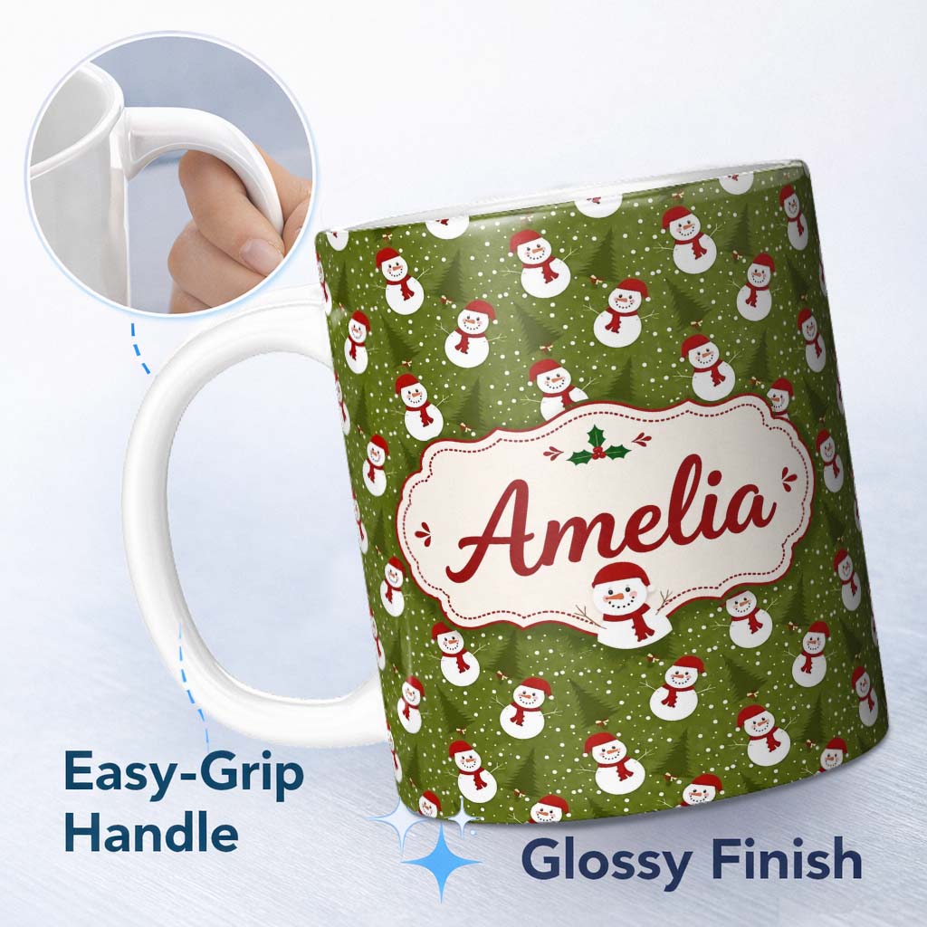 Personalized Custom Name Snowman Winter Forest Snowfall Seamless Pattern Perfect Gift for Her 11oz Ceramic Coffee Tea Mug White Large Handle