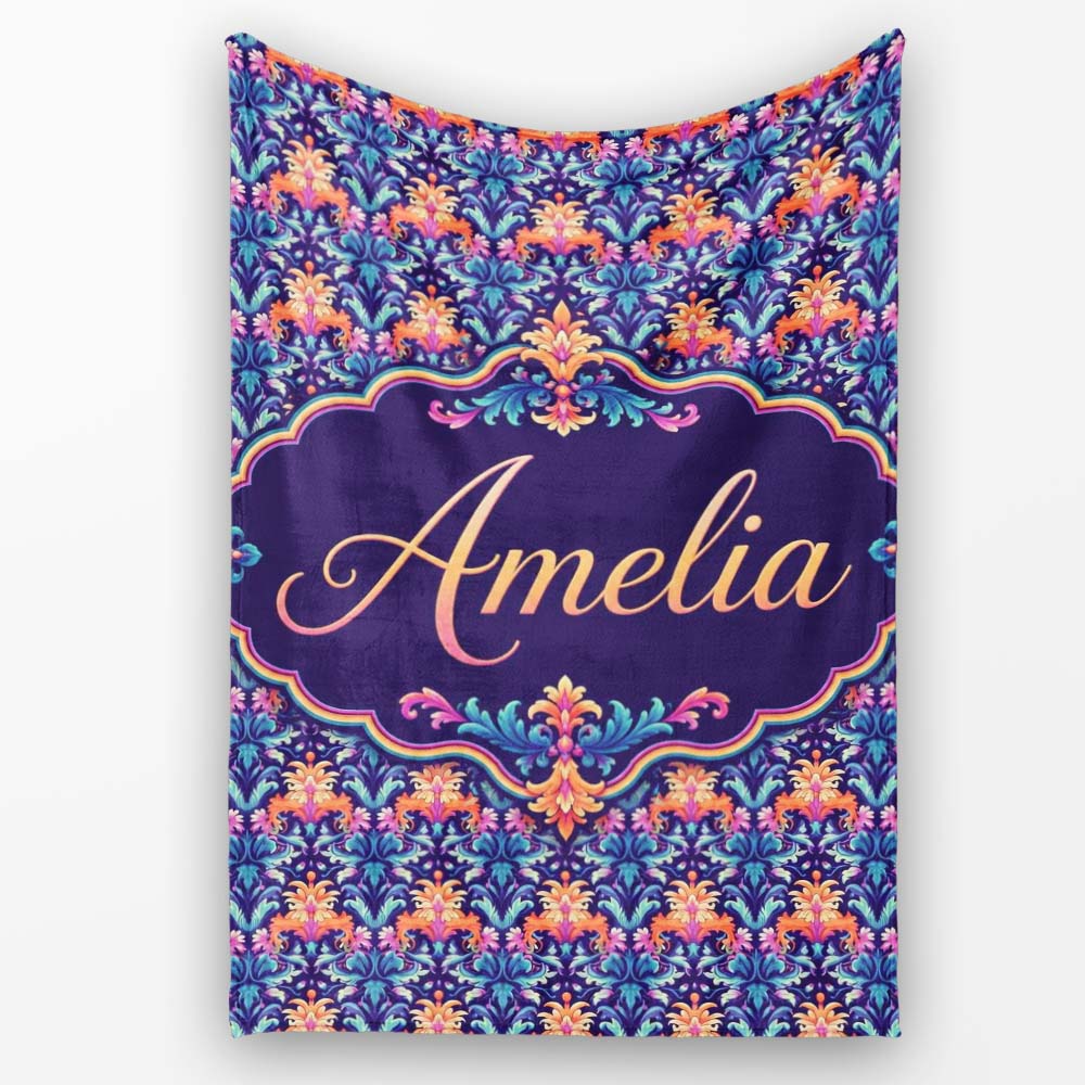 Vibrant Ornate Floral Damask with Bold Orange and Teal Seamless Personalised Custom Name Super Soft Fleece Blanket Bed Sofa Throw