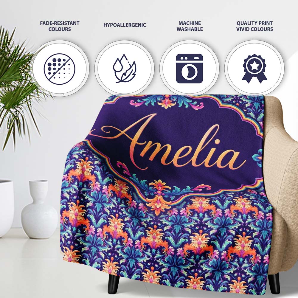 Vibrant Ornate Floral Damask with Bold Orange and Teal Seamless Personalised Custom Name Super Soft Fleece Blanket Bed Sofa Throw