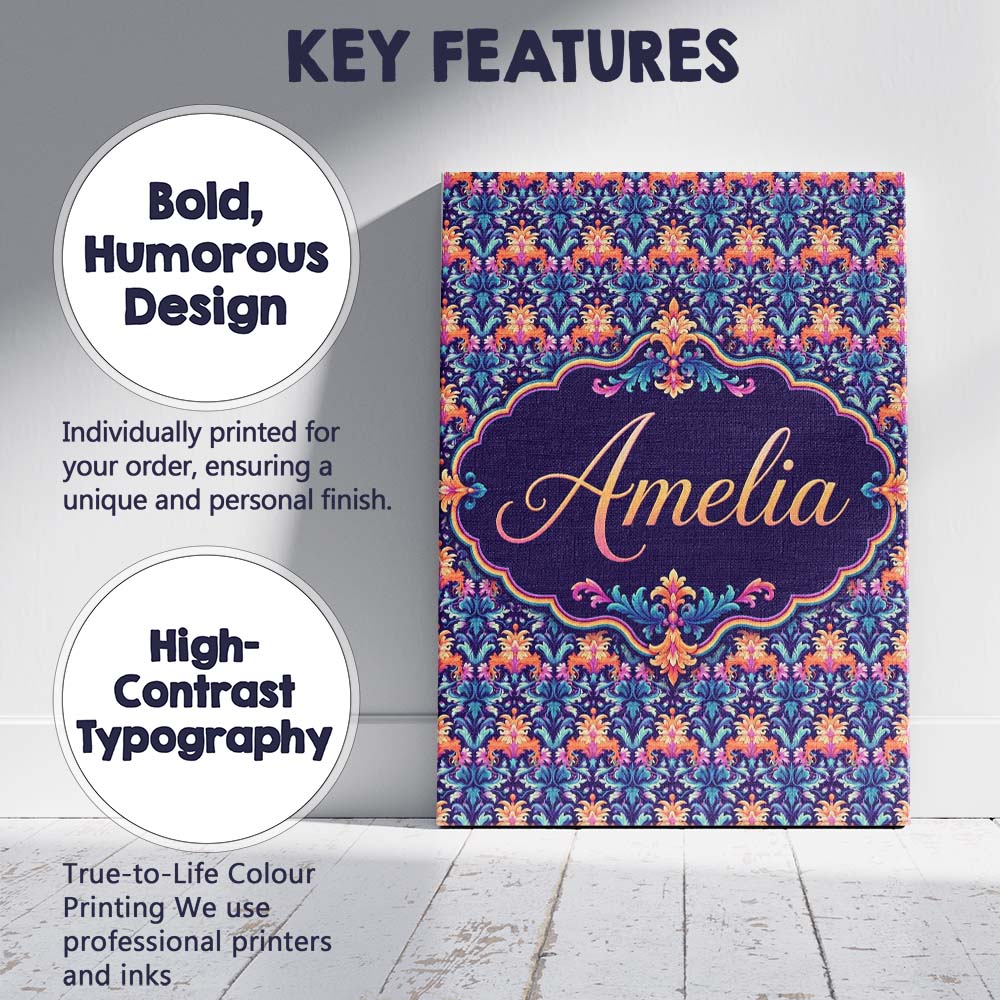 Personalised Name Vibrant Ornate Floral Custom Modern Room Accent Elegant Feature Canvas Wall Art Print Decor Picture Ready to Hang